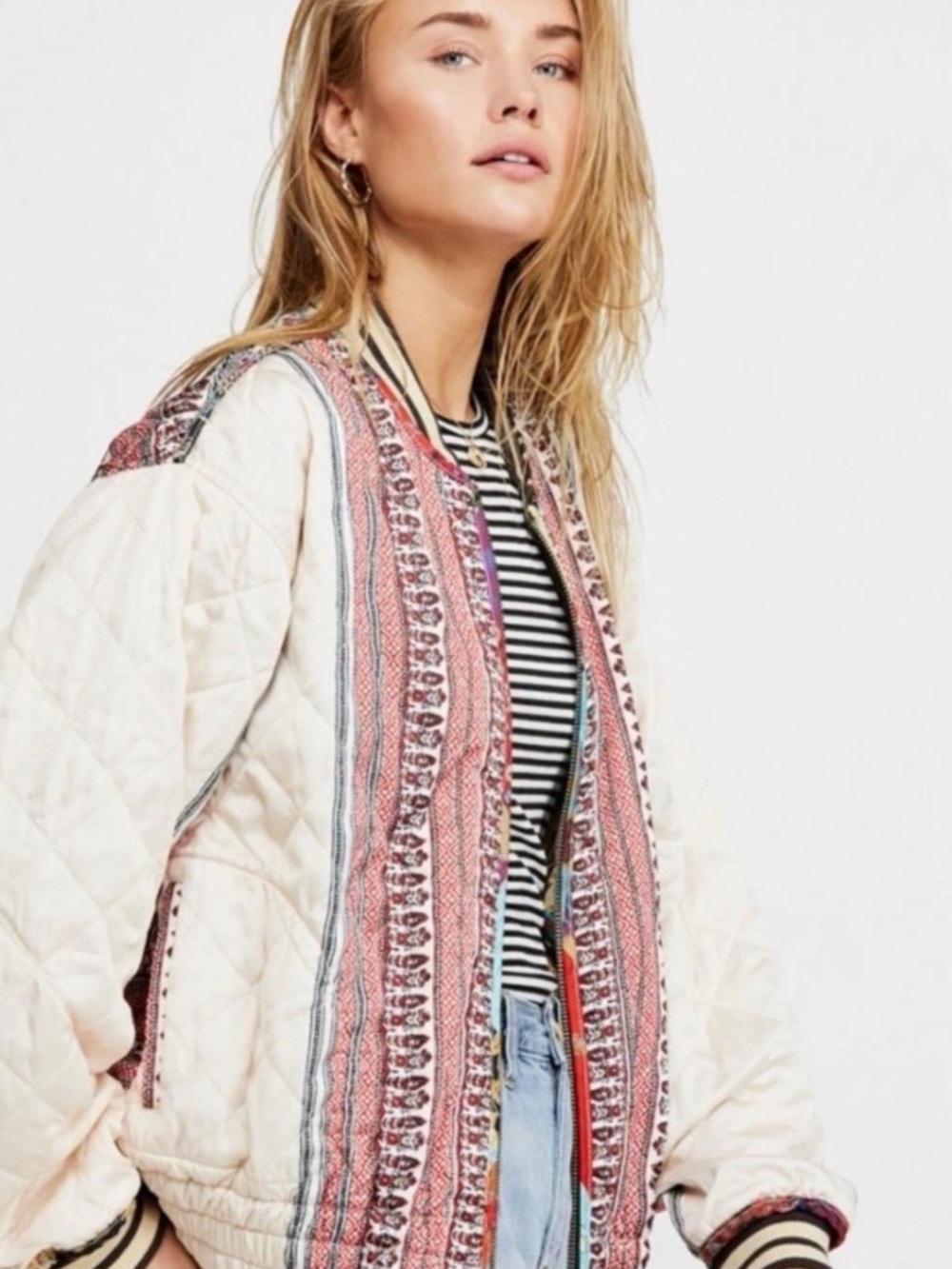 Boho Free People Reversible Colorful Quilted Patchwork Zip Bomber Jacket